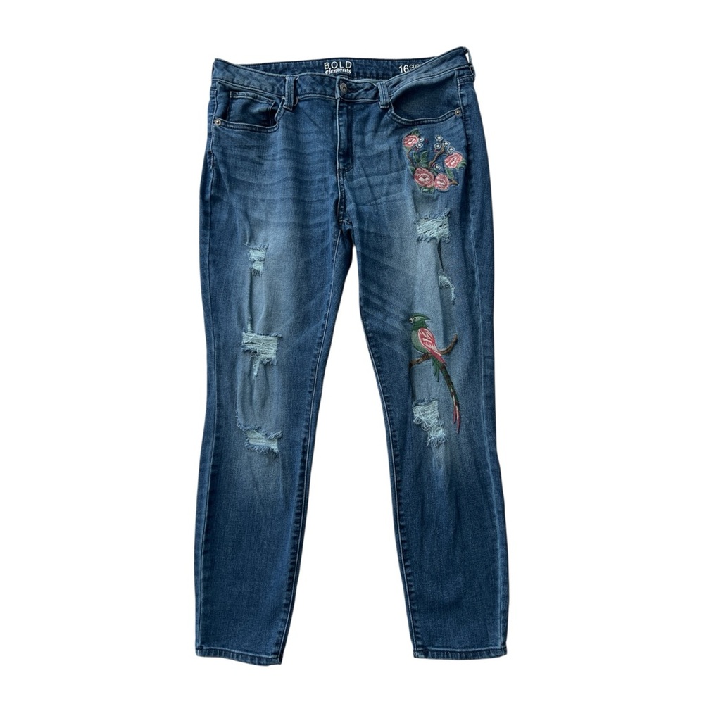 Bold Elements Blue Distressed Embroidered Women's Jeans Curvy Skinny - 16